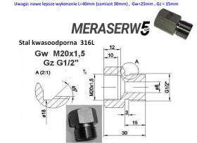 Gw M20x1,5 Gz G1/2 SS316L 40mm